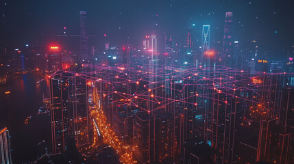 Fototapeta premium Smart digital Innovation city with connection network reciprocity over the cityscape. of future smart wireless digital city and social media networking systems that connects people with in city