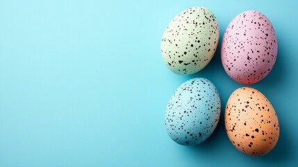 Four colorful speckled Easter eggs are artfully arranged on a pastel blue background, invoking...