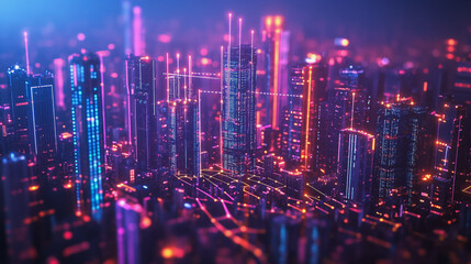 Fototapeta premium Smart digital Innovation city with connection network reciprocity over the cityscape. of future smart wireless digital city and social media networking systems that connects people with in city