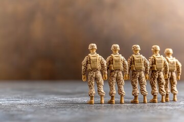 Military Toy Soldiers in Camouflage Uniforms Standing in a Row Against a Neutral Background, Representing Unity and Commemoration of Service Members