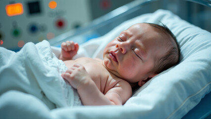 The sick baby is in a medical clinic for treatment.