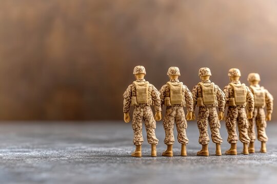 Military Toy Soldiers in Camouflage Uniforms Standing in a Row Against a Neutral Background, Representing Unity and Commemoration of Service Members