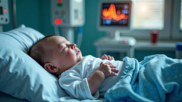 The sick baby is in a medical clinic for treatment.