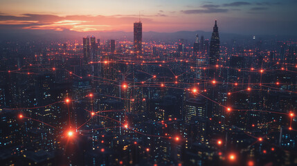 Fototapeta premium Smart digital Innovation city with connection network reciprocity over the cityscape. of future smart wireless digital city and social media networking systems that connects people with in city