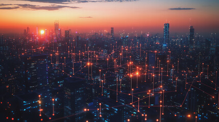 Fototapeta premium Smart digital Innovation city with connection network reciprocity over the cityscape. of future smart wireless digital city and social media networking systems that connects people with in city