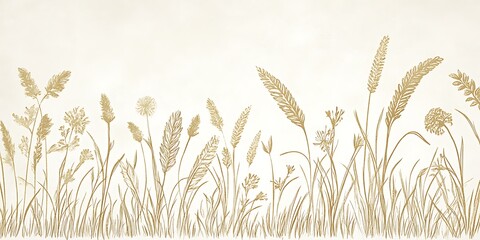 Golden wheat field illustration, seamless border design with various grasses and flowers.