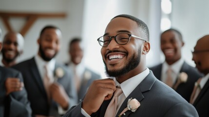 A handsome groom in a tailored suit, adjusting his tie with a confident smile as groomsmen in matching attire laugh in the background