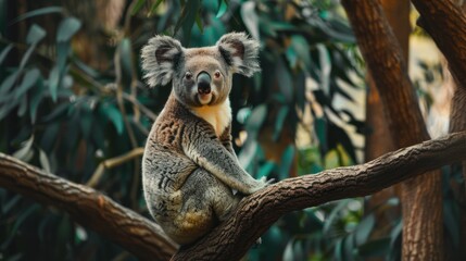 Naklejka premium Koala sitting on tree branch in lush forest.