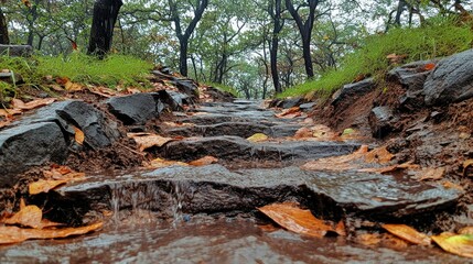 Rainy day, stone steps in forest path.