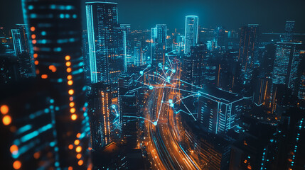 Obraz premium Smart digital Innovation city with connection network reciprocity over the cityscape. of future smart wireless digital city and social media networking systems that connects people with in city