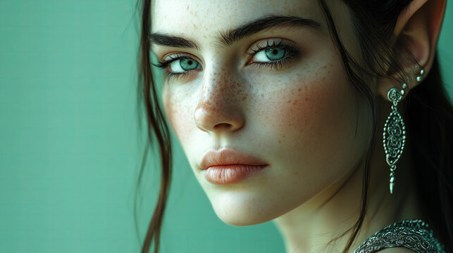 fantasy lifestyle concept, close-up portrait of a serene elven mage with delicate features and intricate silver jewelry, gazing thoughtfully, isolated on a solid pastel green background  