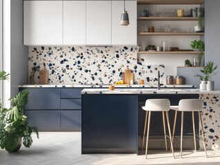 Small Modern Kitchen with Navy Terrazzo Backsplash & Cool Gray Island