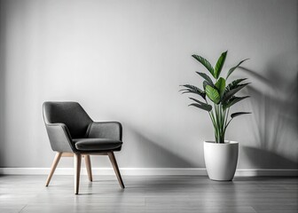 Serene monochrome: minimalist chair, lush plant, peaceful interior design.