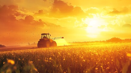 Fototapeta premium Golden Hour Tractor Photo: Silhouetted Farm Machinery Working a Lush Field at Sunset. AI Generated