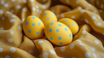 Bright yellow eggs adorned with blue polka dots rest on a matching polka dot fabric, creating a cheerful and festive Easter-themed visual with playful design.