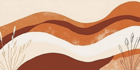 Obraz premium Abstract wavy landscape design with earthy tones and minimalist line art plants.