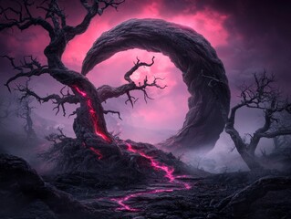 Fototapeta premium Surreal Dark Fantasy Landscape Glowing Lava Tree Crescent Rock Mystical Scene