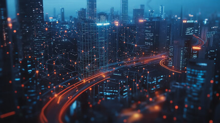 Fototapeta premium Smart digital Innovation city with connection network reciprocity over the cityscape. of future smart wireless digital city and social media networking systems that connects people with in city