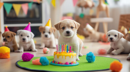 Obraz premium A cute puppy in a party hat sitting by a tiny birthday cake surrounded by colorful decorations in a lively indoor celebration setting