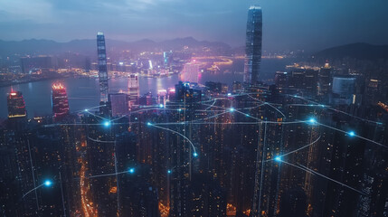 Fototapeta premium Smart digital Innovation city with connection network reciprocity over the cityscape. of future smart wireless digital city and social media networking systems that connects people with in city