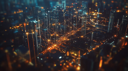 Obraz premium Smart digital Innovation city with connection network reciprocity over the cityscape. of future smart wireless digital city and social media networking systems that connects people with in city