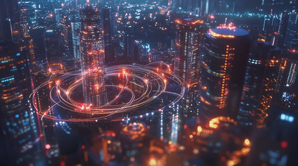 Obraz premium Smart digital Innovation city with connection network reciprocity over the cityscape. of future smart wireless digital city and social media networking systems that connects people with in city