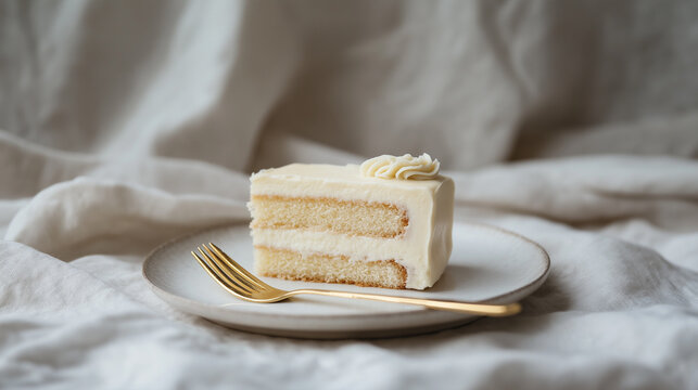 A single slice of cake with creamy frosting and layers, elegantly displayed on a white plate with a golden fork and soft lighting for a refined look
