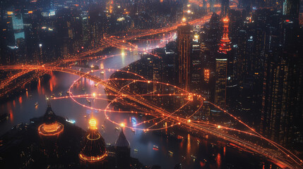 Obraz premium Smart digital Innovation city with connection network reciprocity over the cityscape. of future smart wireless digital city and social media networking systems that connects people with in city