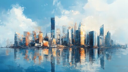 Fototapeta premium Stunning Digital Painting: Vibrant City Skyline Reflecting Calm Waters. AI Generated