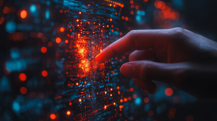 A hand pointing at a glowing computer screen with a red dot. Concept of technology and innovation, as well as the idea of human interaction with machines