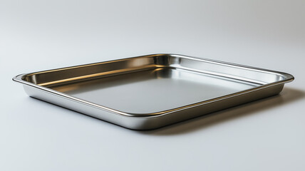 A silver pan is sitting on a white background. The pan is shiny and metallic, and it is empty