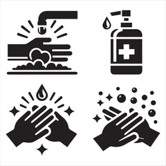 Handwashing and Hand Sanitizer Icons for Hygiene Practices vector silhouette on a white background