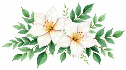 Illustration of white flowers with green leaves on a white background.