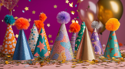 Colorful party hats with glittery designs and pom-poms arranged with confetti and balloons, creating a festive and cheerful birthday celebration vibe