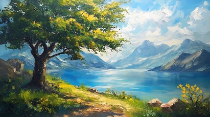 Naklejka premium Serene Mountain Lake Digital Painting: Vividly Illustrated Landscape. AI Generated