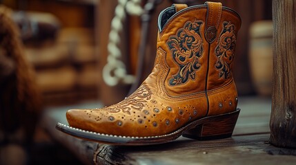 A close-up of a beautifully crafted brown leather cowboy boot with intricate designs.
