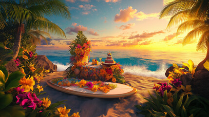 Vibrant tropical island birthday setup with a layered cake, flowers, candles, and a sunset ocean backdrop, evoking exotic celebration vibes