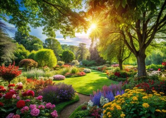 Serene Park Garden: A spring and summer oasis of lush greenery and blooming flowers.
