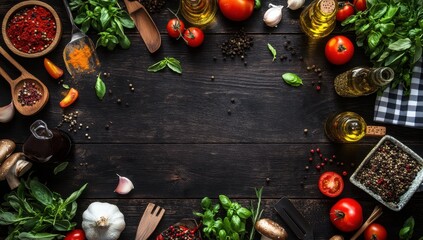 A wooden table topped with fresh vegetables, spices, and utensils