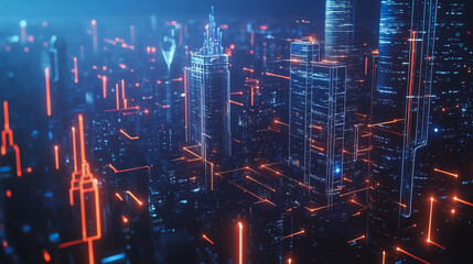 Smart digital Innovation city with connection network reciprocity over the cityscape. of future smart wireless digital city and social media networking systems that connects people with in city