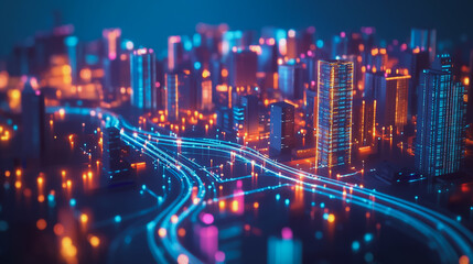 Fototapeta premium Smart digital Innovation city with connection network reciprocity over the cityscape. of future smart wireless digital city and social media networking systems that connects people with in city