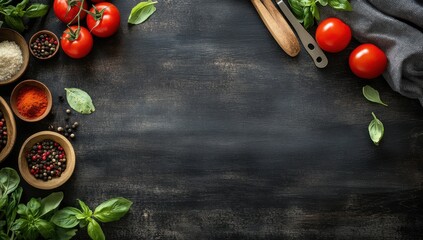A wooden table topped with fresh vegetables, spices, and utensils