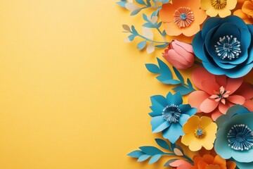 Obraz premium Top view of colorful paper cut flowers on light yellow background with space for text and copy space for web banner