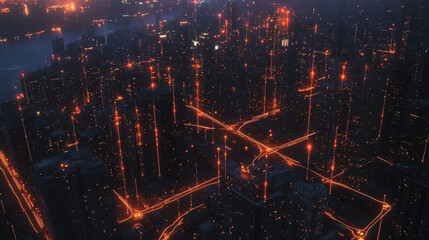 Obraz premium Smart digital Innovation city with connection network reciprocity over the cityscape. of future smart wireless digital city and social media networking systems that connects people with in city