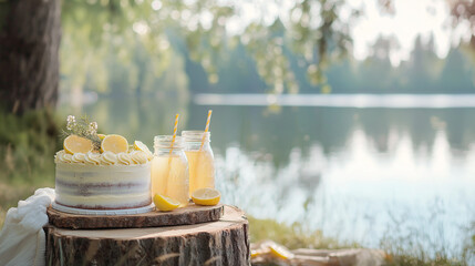 Obraz premium Rustic lakeside birthday setup with a frosted cake, fresh lemonade, and wildflower decor on a wooden log, surrounded by nature's tranquility