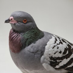 Fototapeta premium A close-up of a pigeon with a delicate beak and wide eyes, sitting calmly on a white surface.