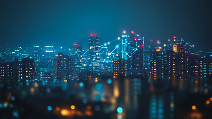 Obraz premium Smart digital Innovation city with connection network reciprocity over the cityscape. of future smart wireless digital city and social media networking systems that connects people with in city