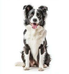 Fototapeta premium A black and white border collie sits in front of a white background