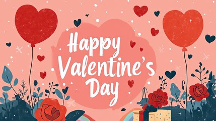 Naklejka premium Romantic Valentine's Day theme showcases red roses, hearts, and balloons, all set against a cheerful pink backdrop with a gift box