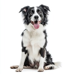 Fototapeta premium A black and white border collie sits in front of a white background